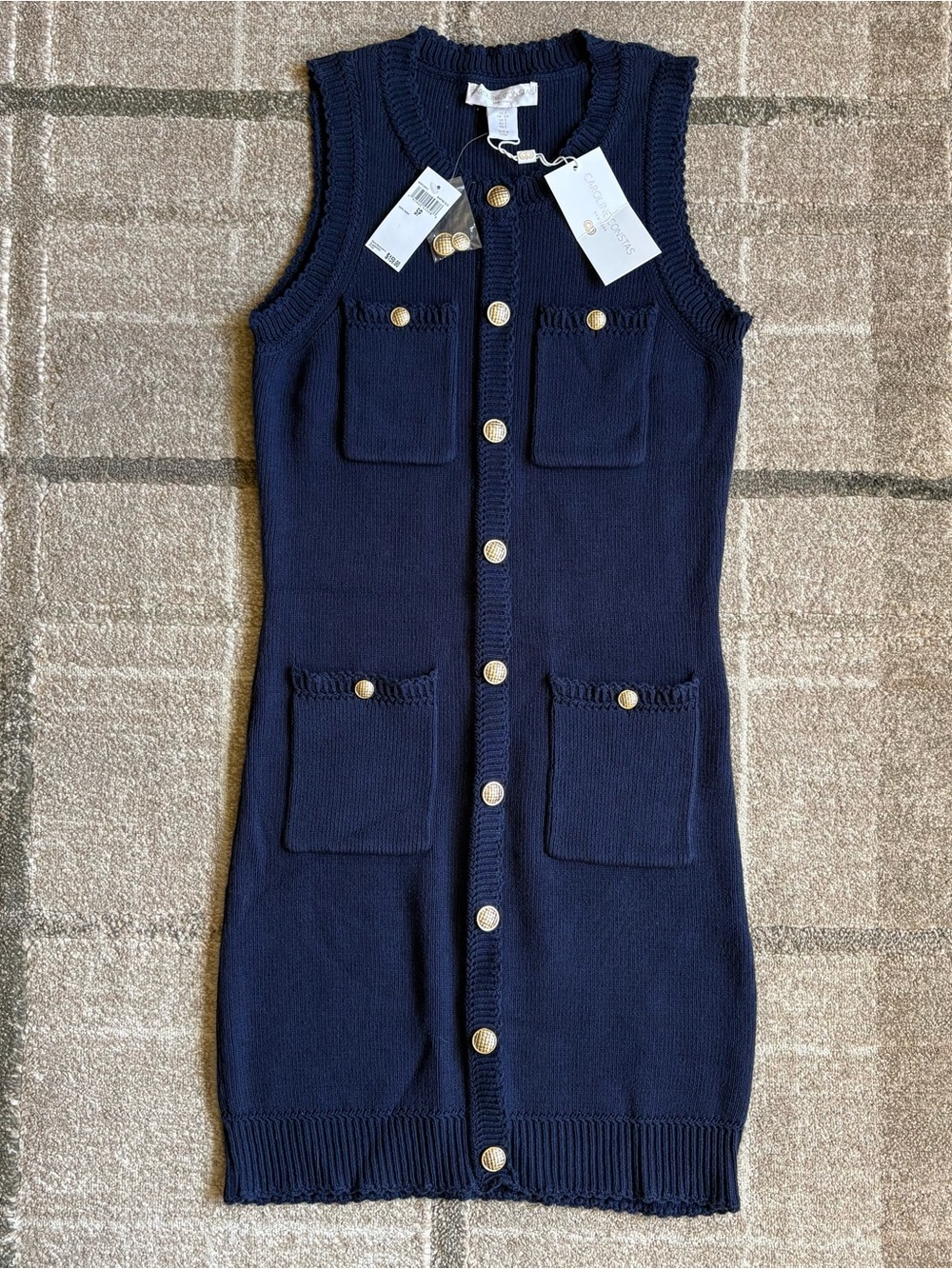 Caroline Constas navy sleeveless knit gold button sweater dress, size Small NWT - Picture 1 of 10